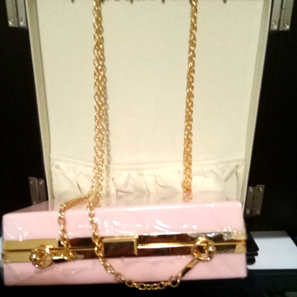 Pink Acrylic Box Clutch Crossbody Purse with Gold Accents.
